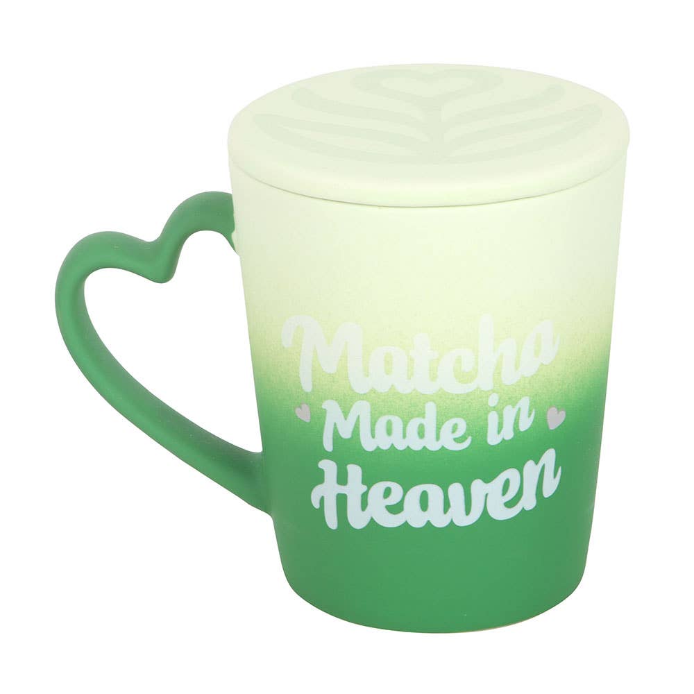 "Matcha Made in Heaven" mug with lid that doubles as a coaster