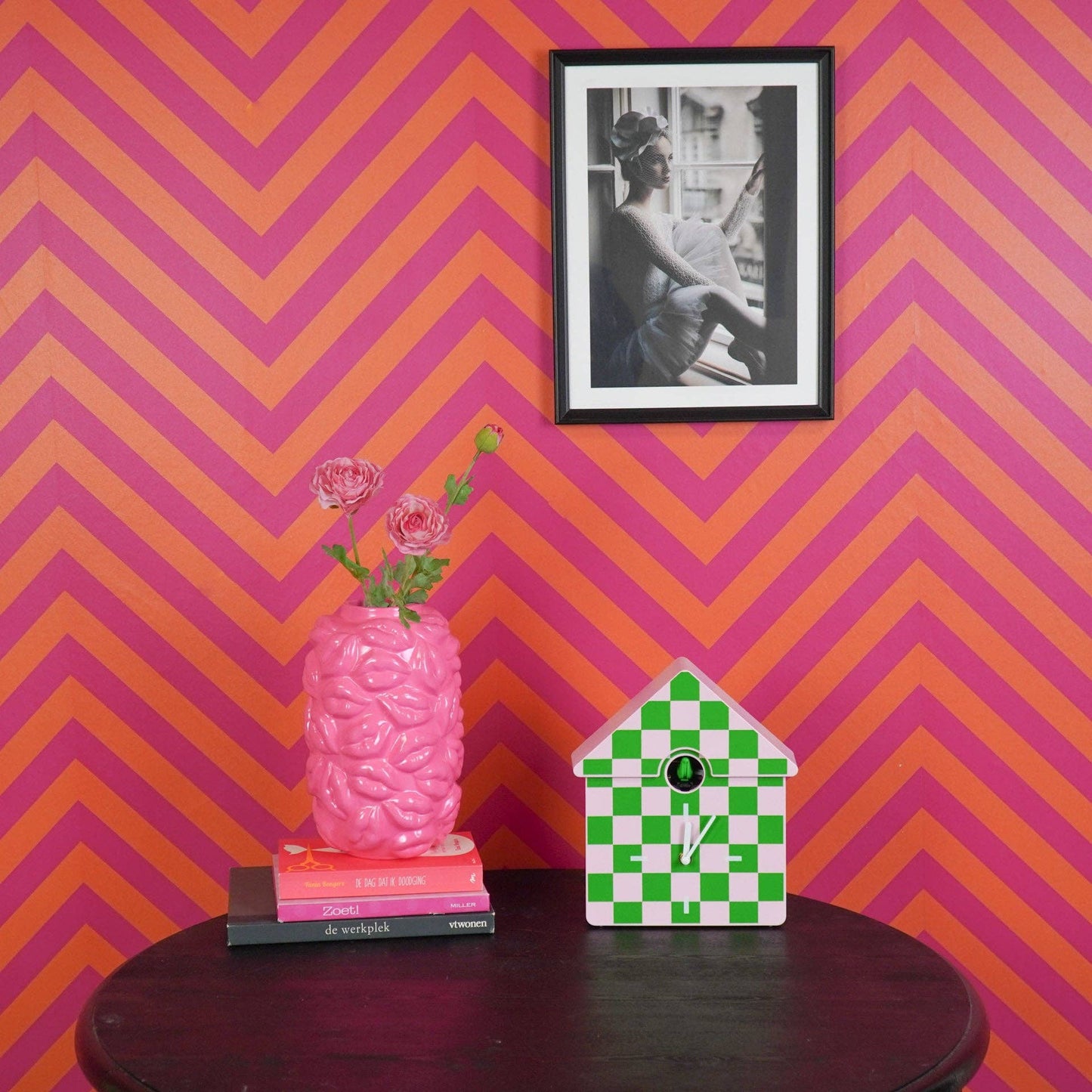 Reloj de pared de cuco - Estampado - Verde/Rosa - 24 x 27 x 9 cm