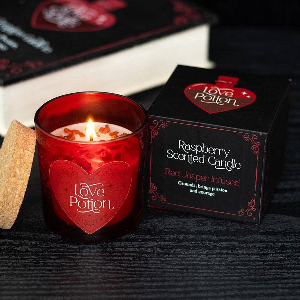 Vela de cristal de jaspe rojo con aroma a frambuesa "Poción de amor" para San Valentín