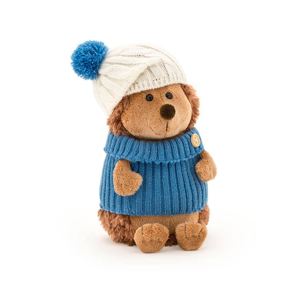 白と青の帽子をかぶったハリネズミのぬいぐるみ、15cm