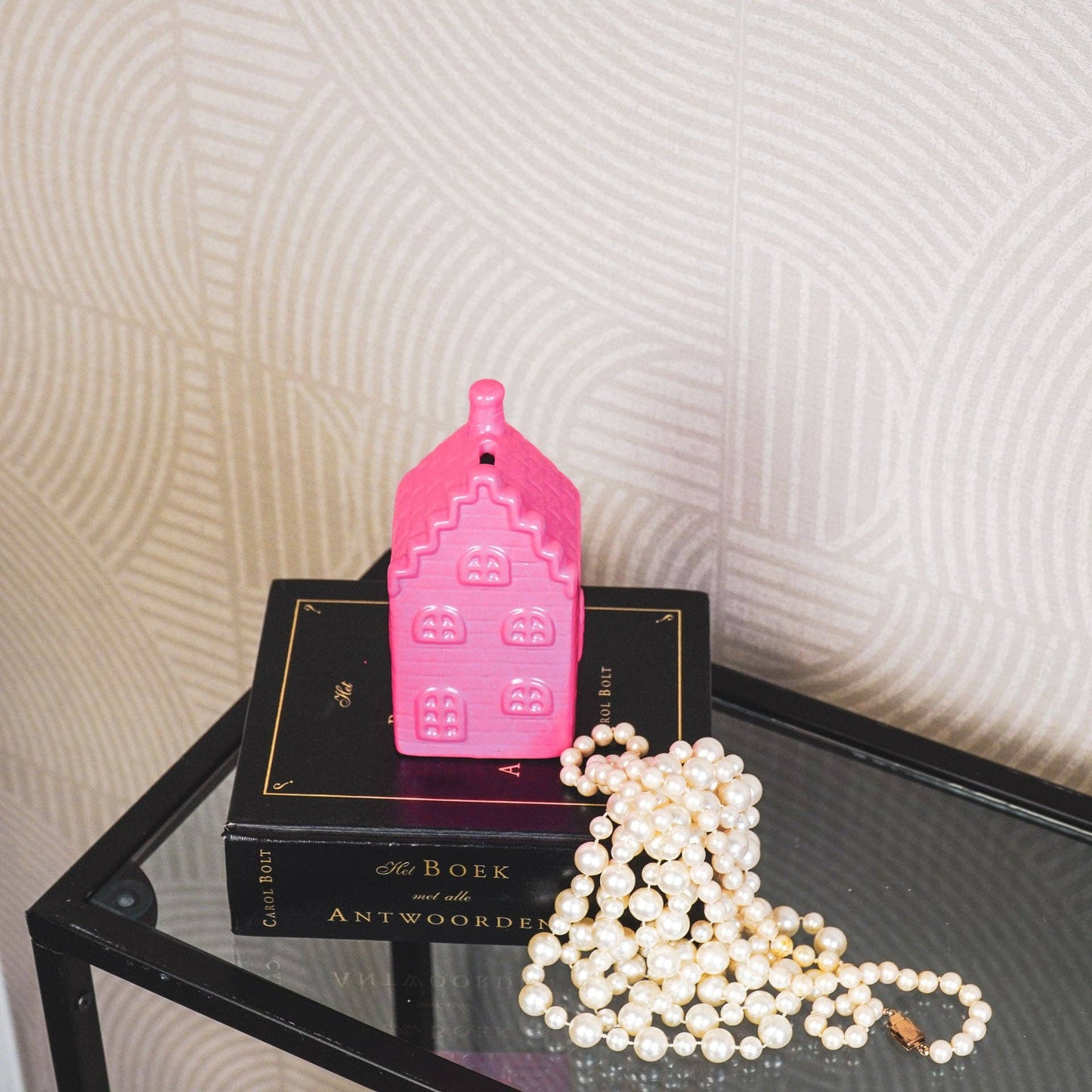 Ornament - Money Box - House - Ceramic - Neon Pink - 7x7x13cm