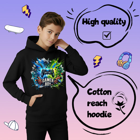 Fringoo gamer Sweat à capuche garçon Cotton Rich Soft Hooded Sweatshirt- gamer garçon Thunder noir