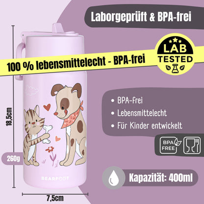 Thermo Kinder Trinkflasche Edelstahl - Hund&Katze lila