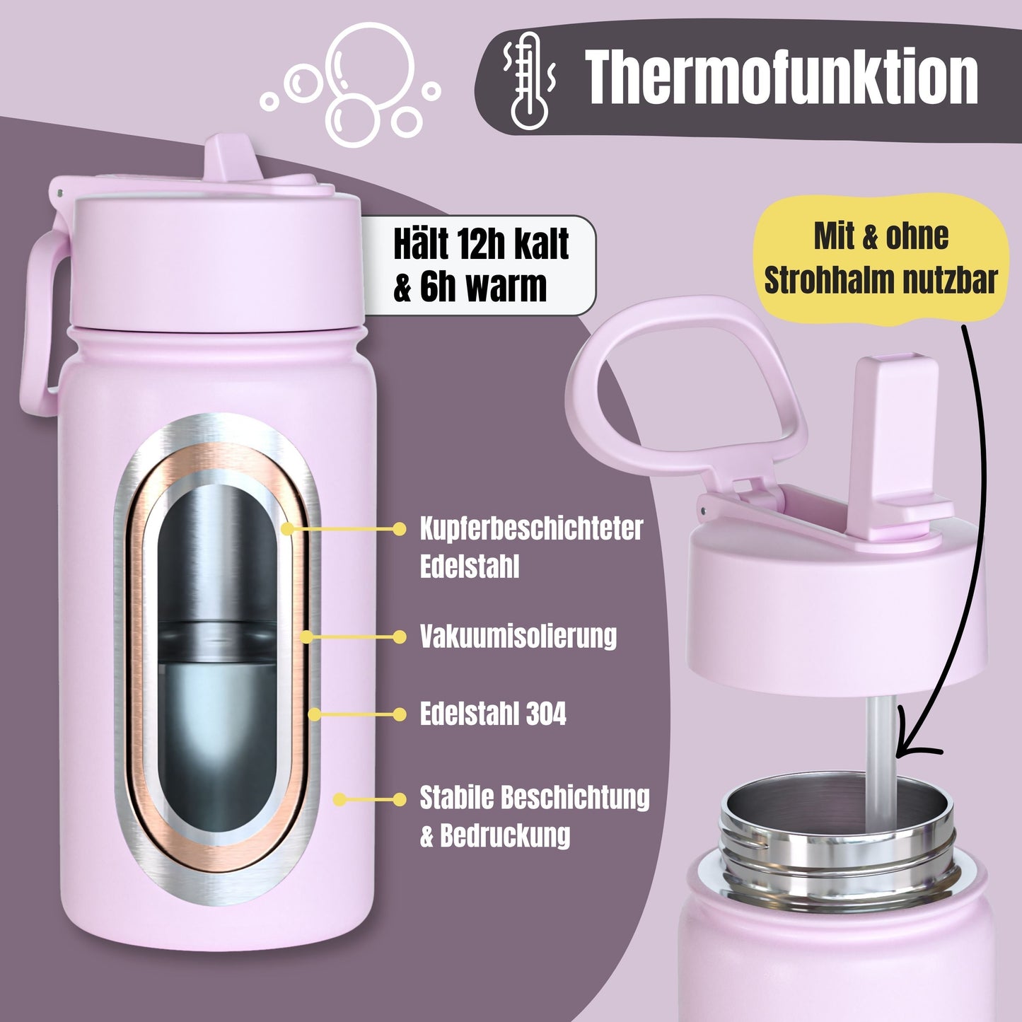 Thermo Kinder Trinkflasche Edelstahl - Hund&Katze lila