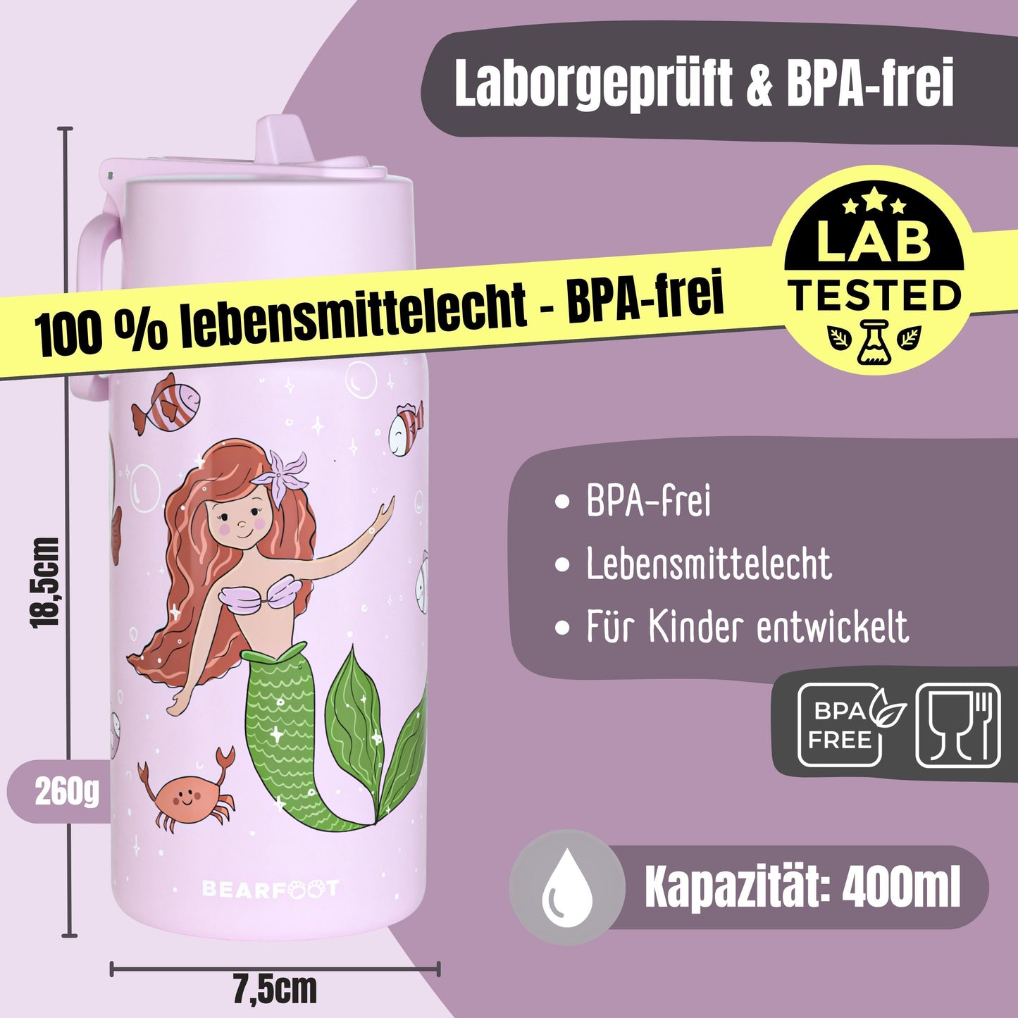 Thermo Kinder Trinkflasche Edelstahl - Meerjungfrau lila