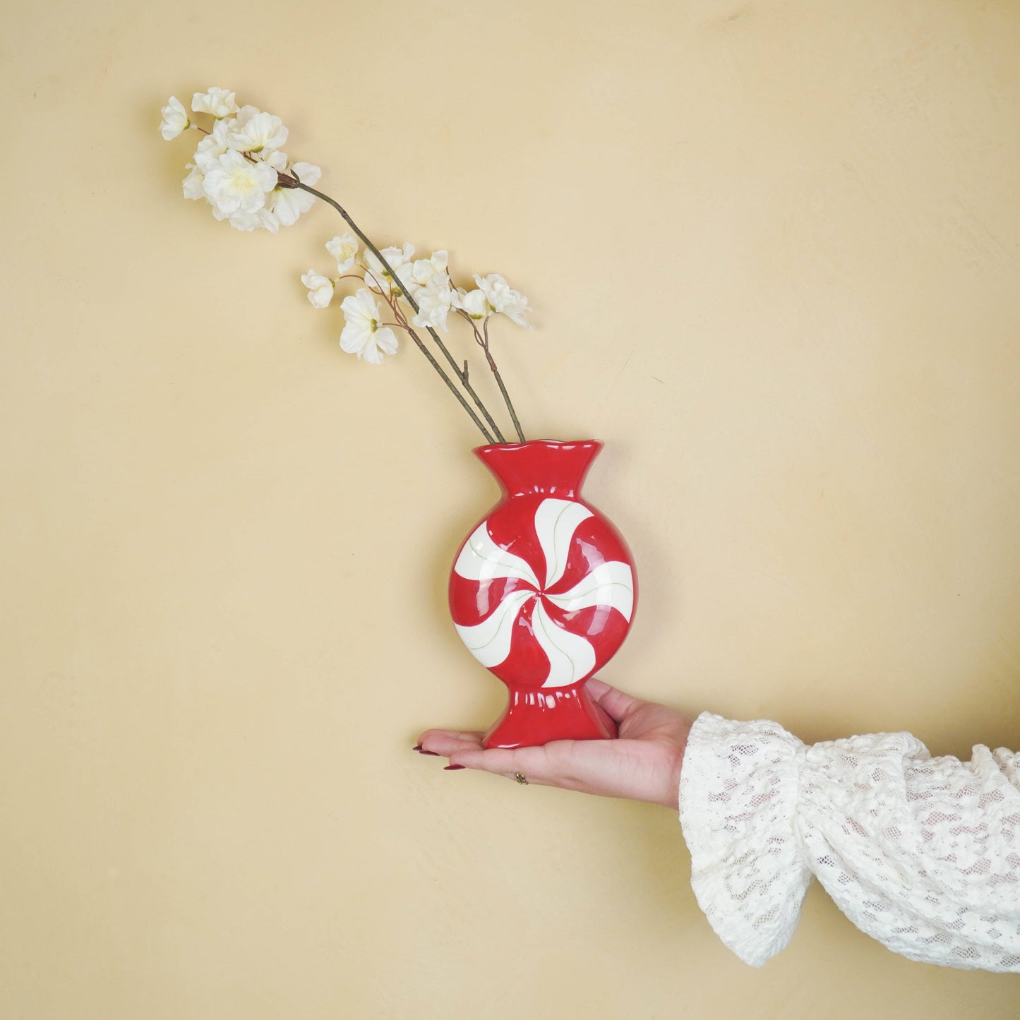 Florero - Caramelo - Cerámica - Rojo/Blanco - 12x6,5x20 cm