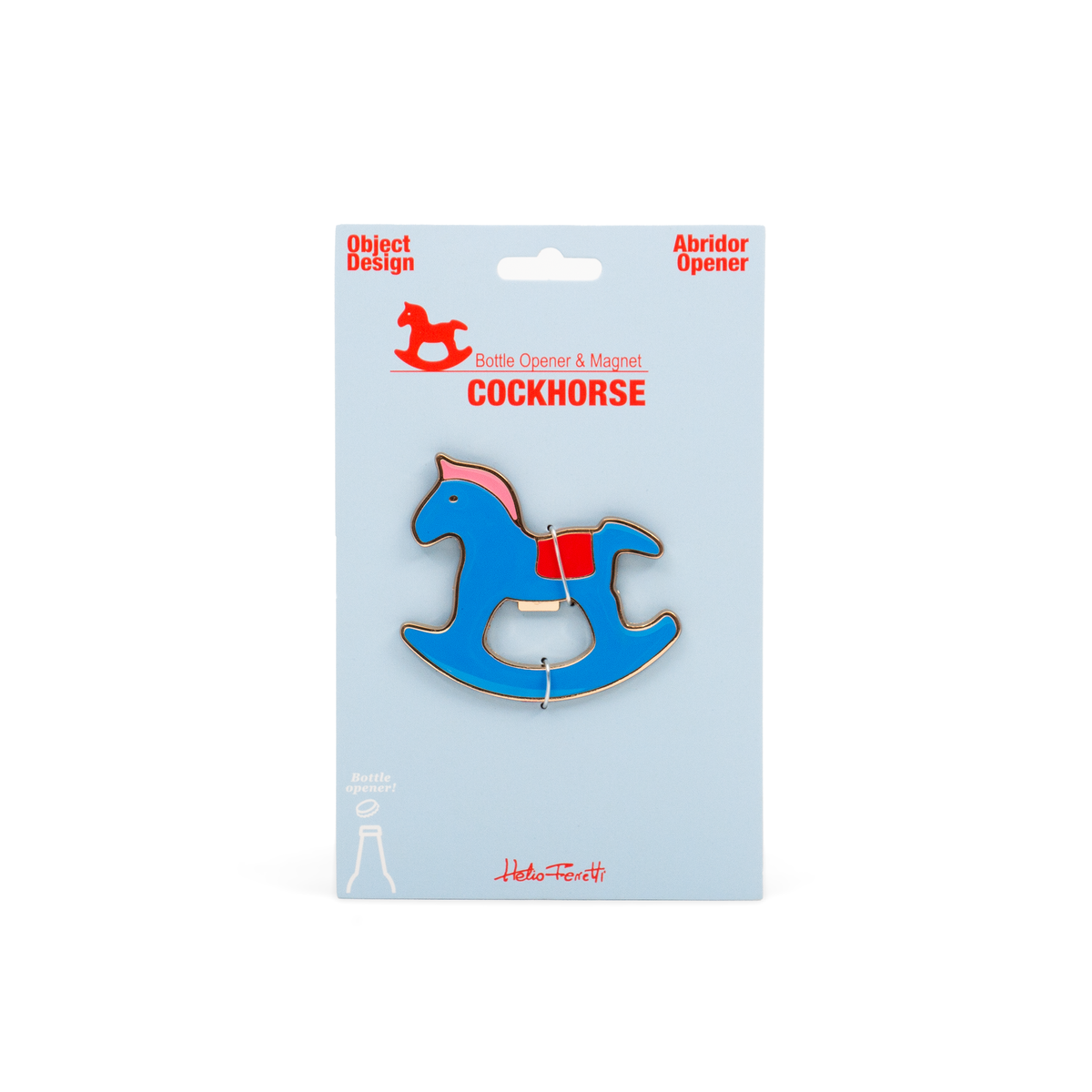 Abridor de garrafas magnético em forma de cavalo de baloiço azul