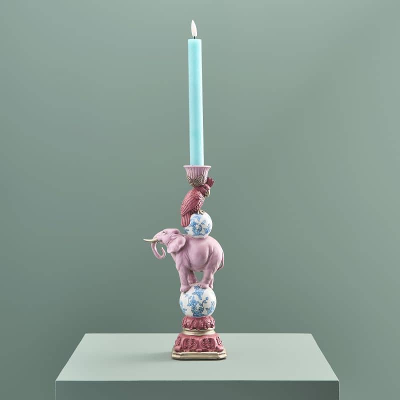 Bird on Elephant Candle Holder, Pink Resin, 13 x 9 x 30.5 cm