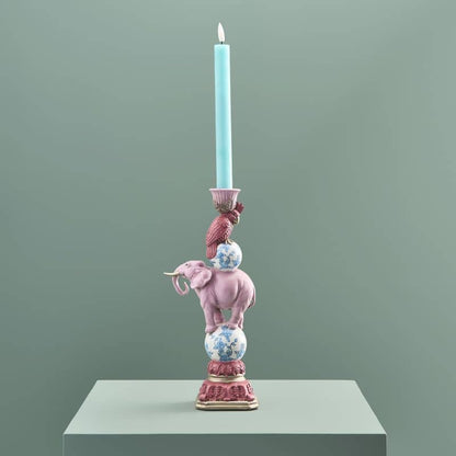 Bird on Elephant Candle Holder, Pink Resin, 13 x 9 x 30.5 cm