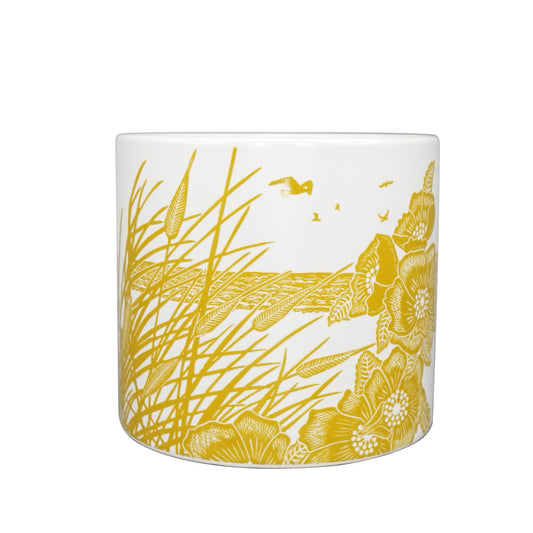 Vaso de cerâmica com juncos e pássaros, amarelo mostarda