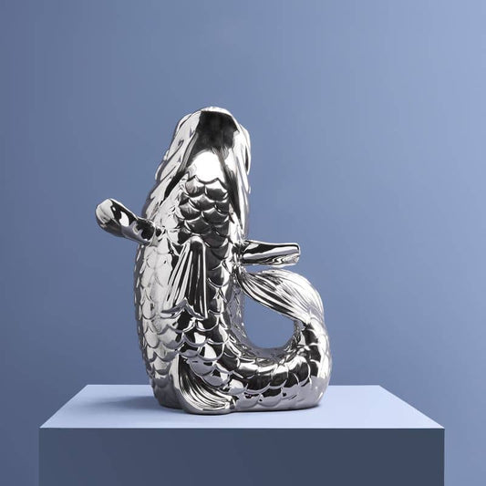 Scultura/vaso a forma di pesce Blubb, gres argentato