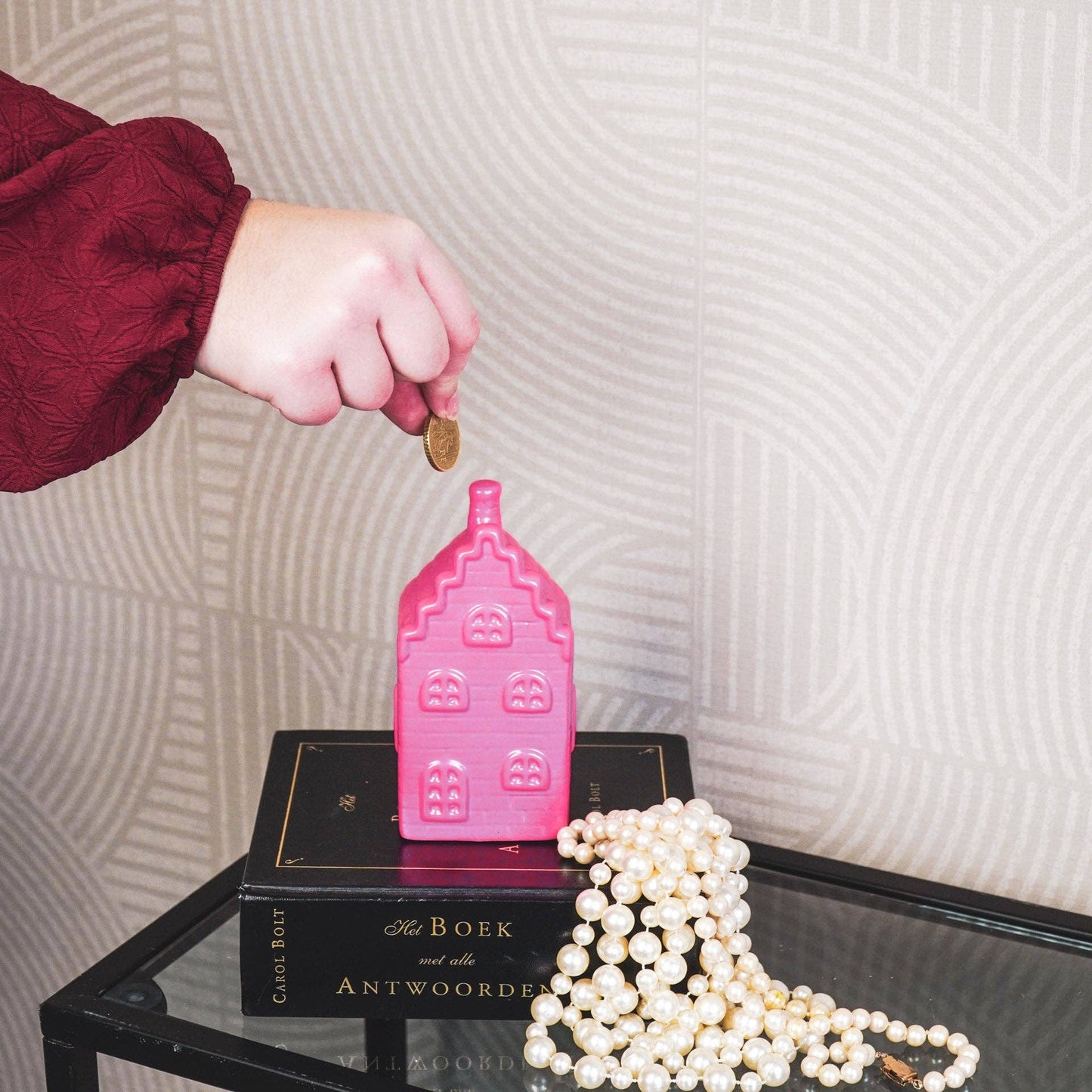 Ornament - Money Box - House - Ceramic - Neon Pink - 7x7x13cm