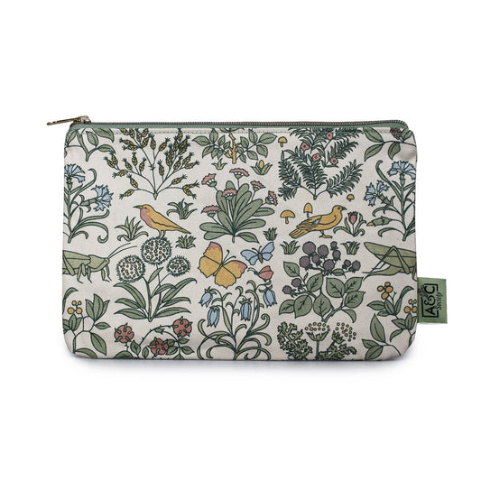 Saco de algodão reciclado Voysey com estampado de jardim botânico e vida selvagem.