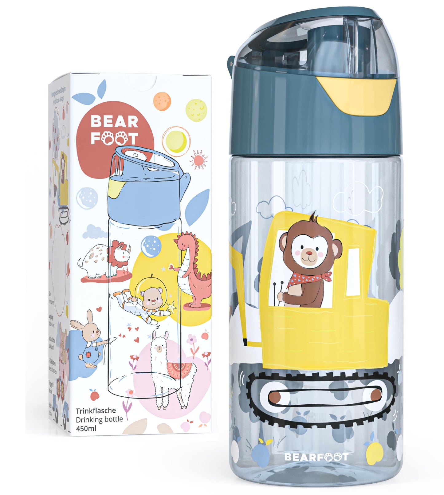 Kids' Water Bottle, Lightweight Water Bottle - Excavator & Monkey