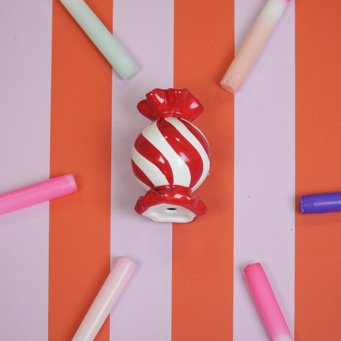 Bougeoir - Bonbon Toffee - Rouge/Blanc - 8,5x8,5x13 cm