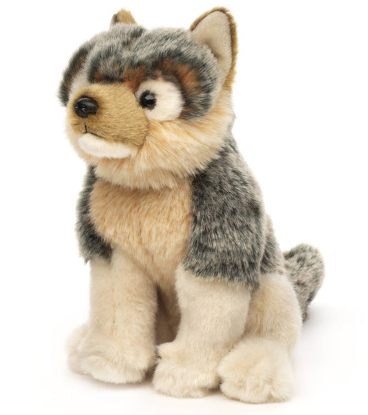 Peluche de cachorro de lobo gris, sentado