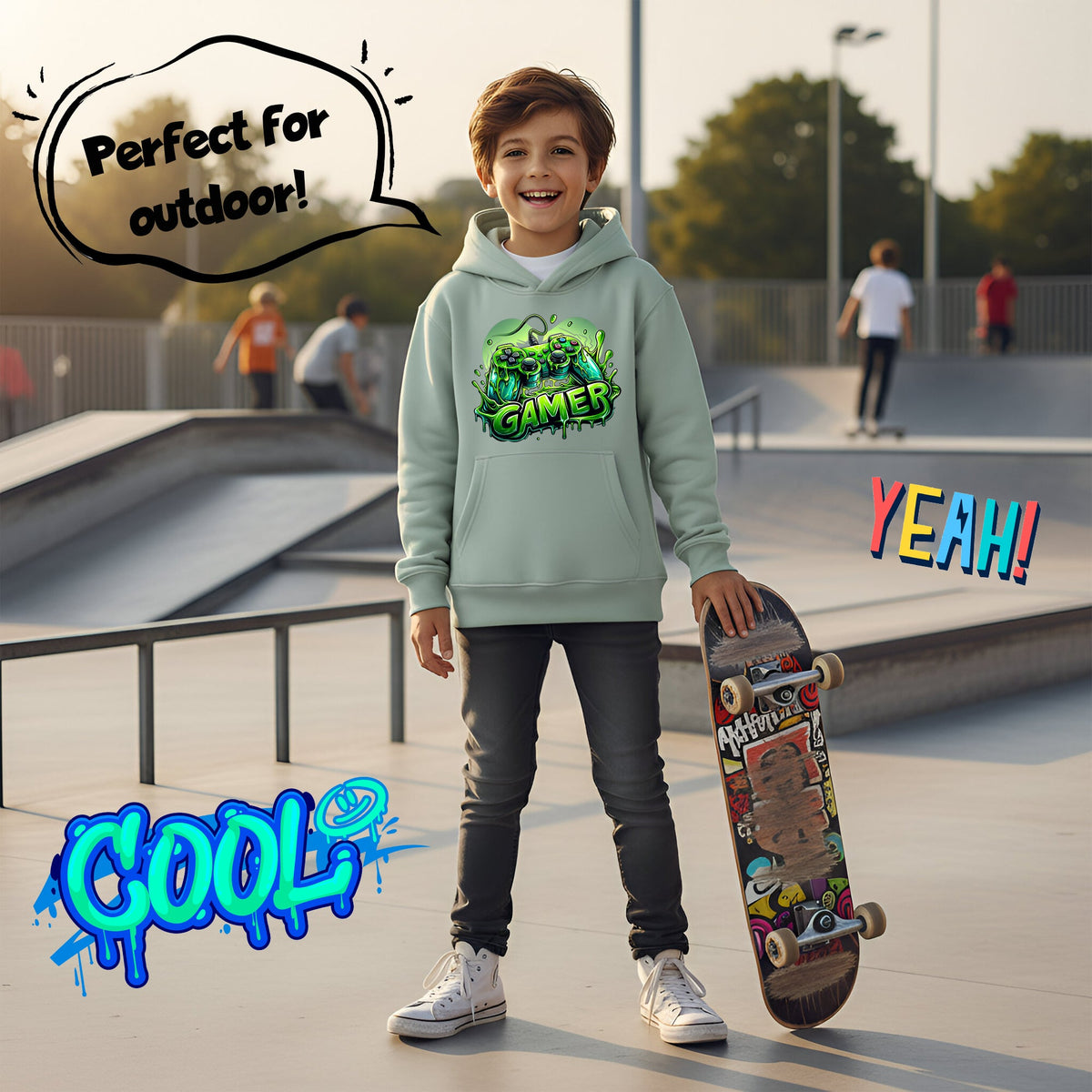Sweat à capuche gaming – Fringoo gaming for Boys Cotton Rich Soft Hooded – gaming vert