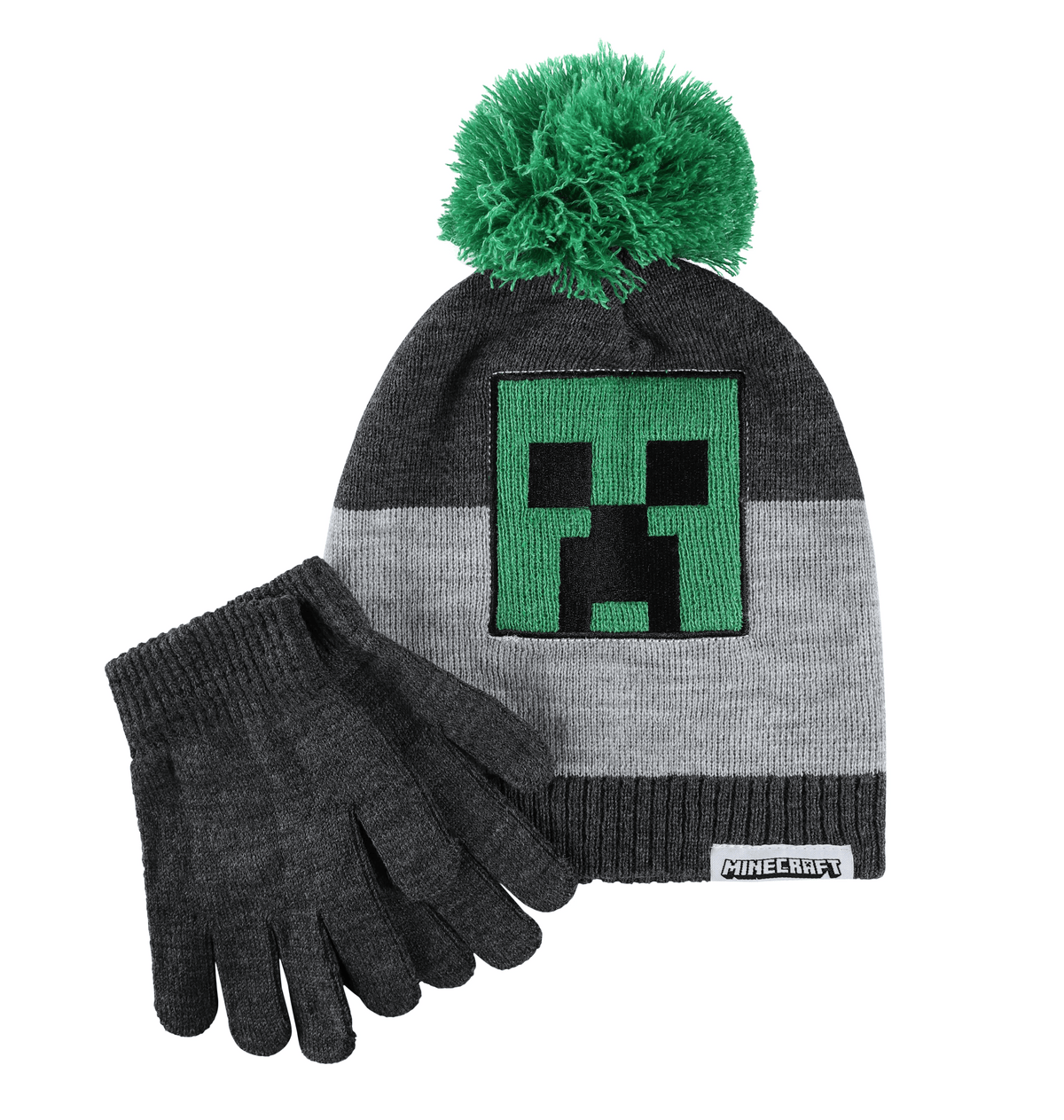 Set enfant Minecraft Creeper bonnet à pompon et gants