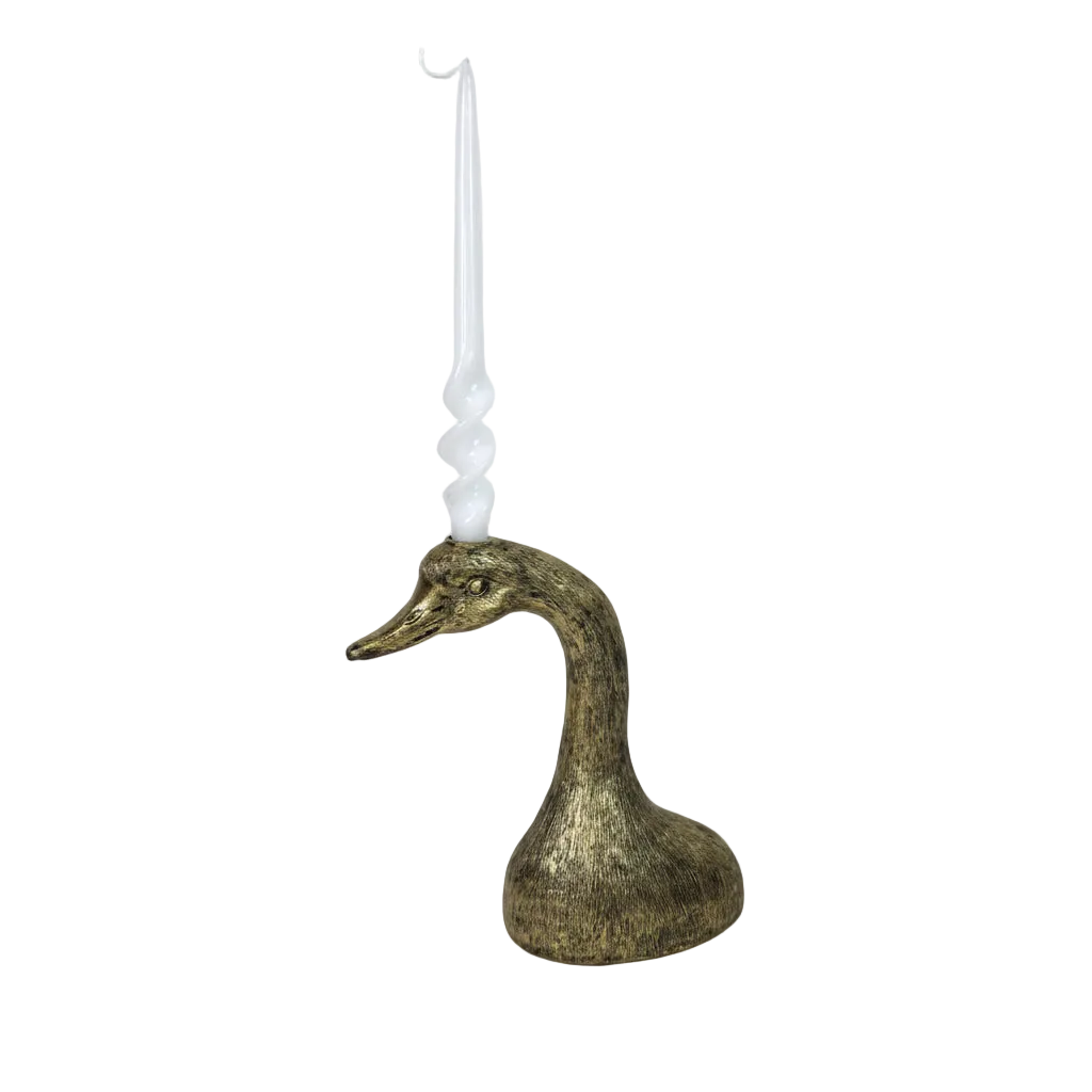 Candelabro antiguo con forma de cabeza de pato dorada