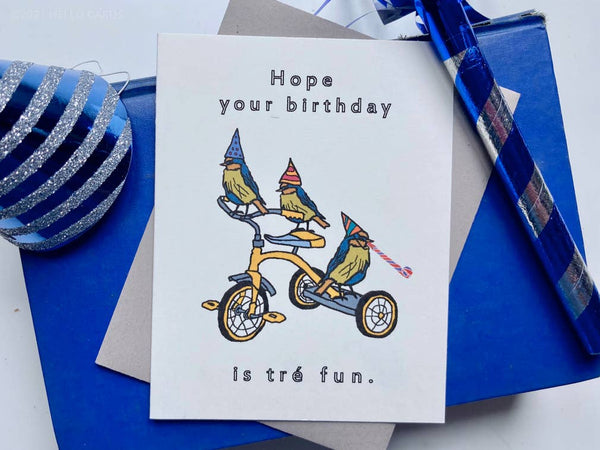Carte d'anniversaire « Trés Fun » avec oiseaux