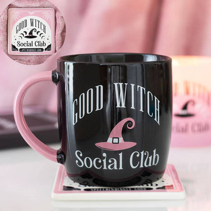 Juego de taza y posavasos del Club Social de las Buenas Brujas