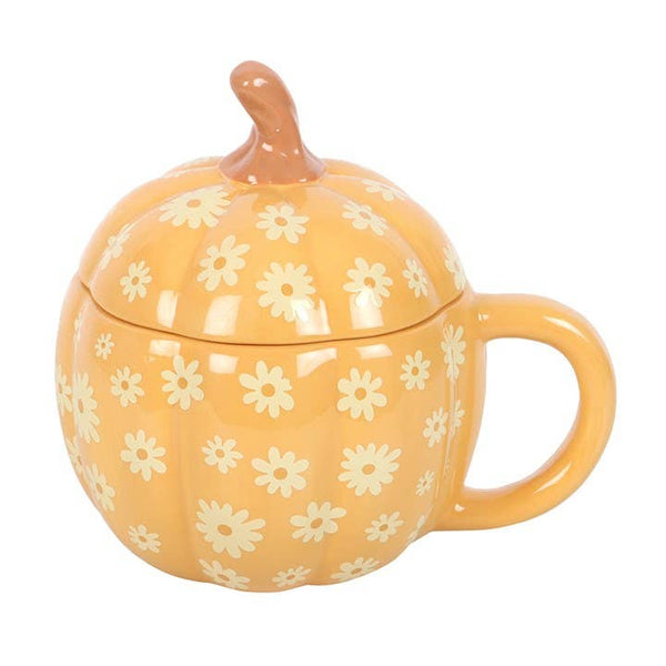 Taza con tapa y estampado floral de calabaza