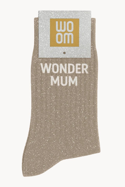 「WONDER MUM」メッセージ入りグリッターソックス - ベージュ
