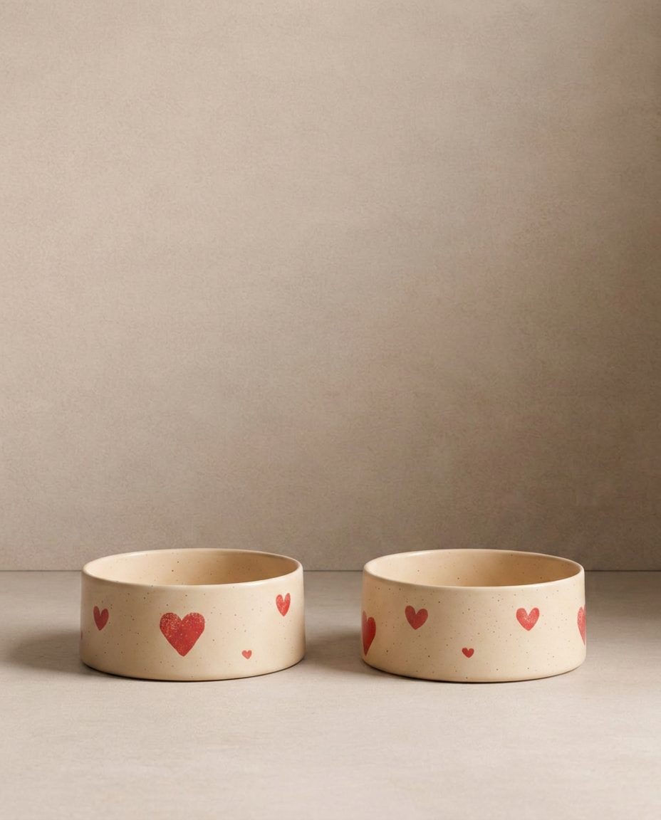 Cozy Hearts Stoneware Pet Bowl 14cm 2 Pieces Set