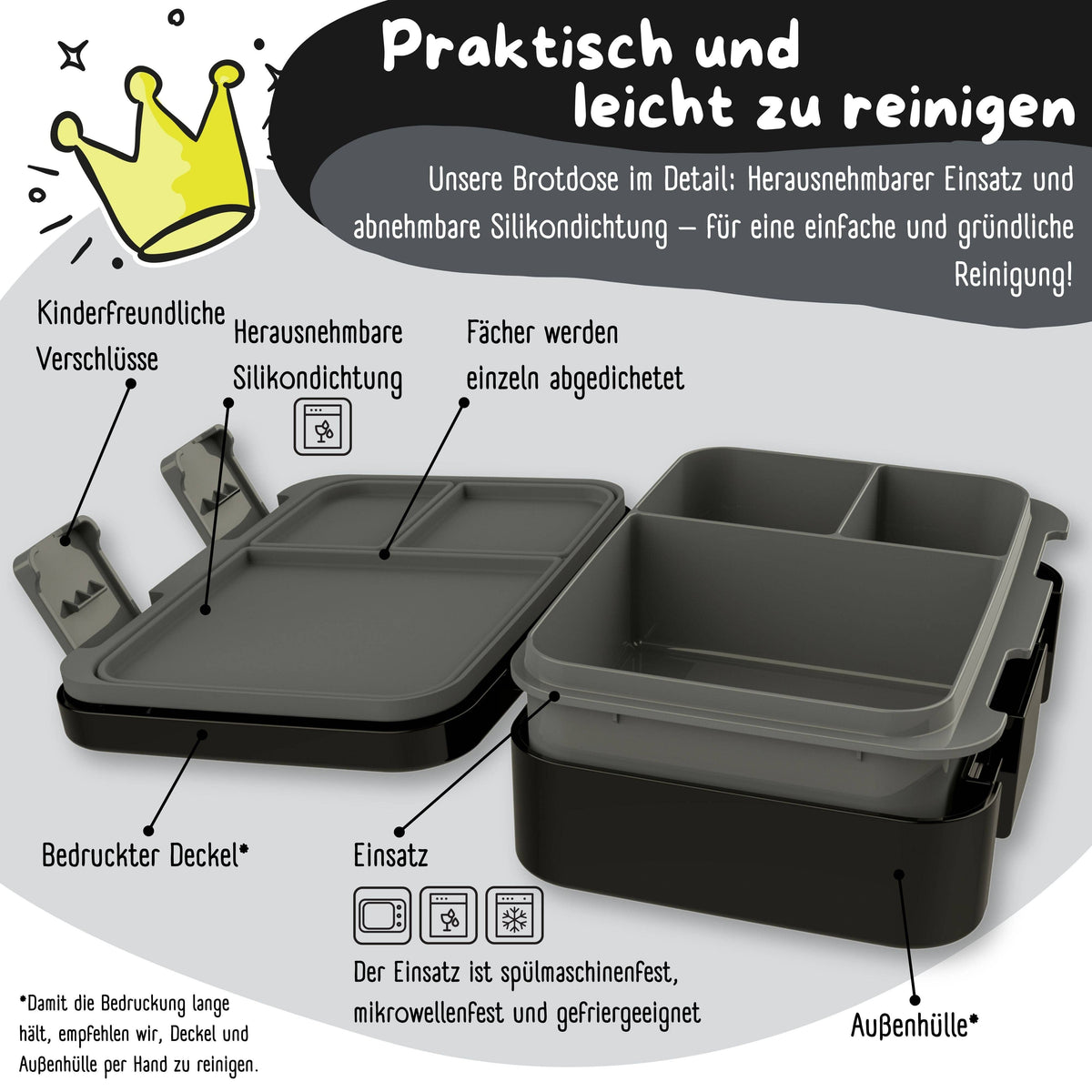 Brotdose mit Fächern, leicht & auslaufsicher - Dinos schwarz