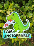 Holografische T-Rex sticker "Ik ben onstoppelijk"