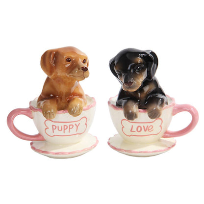 Juego de salero y pimentero con forma de perro salchicha, tazas de té
