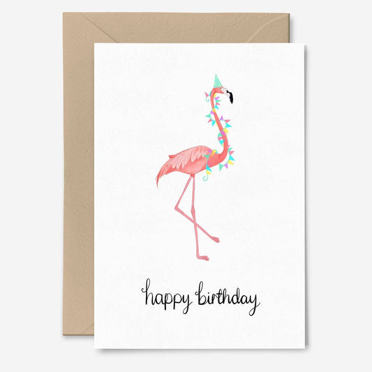Cartão de aniversário com flamingo cor-de-rosa