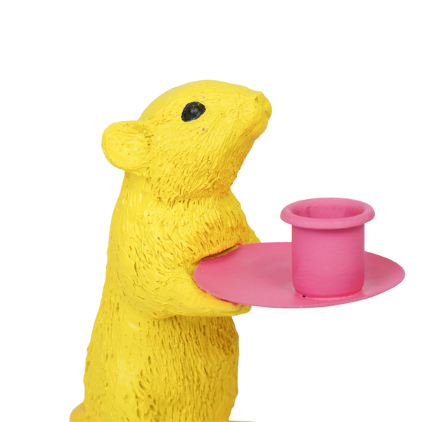 Portacandele - Topo - Poliresina - Giallo/Rosa - 8x10x17cm