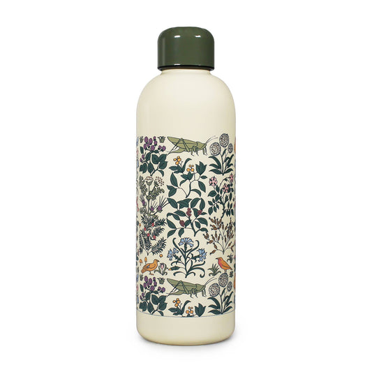 Garrafa de água metálica com a fauna botânica do Jardim Voysey