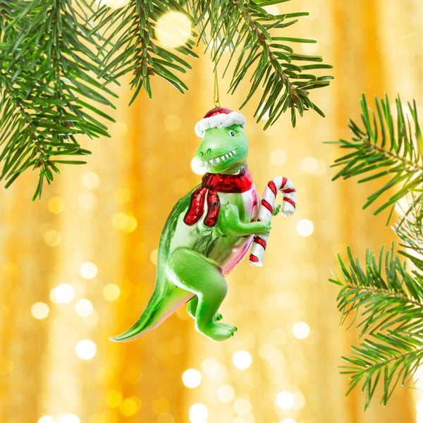 Enfeite de Natal T-Rex com bengala doce