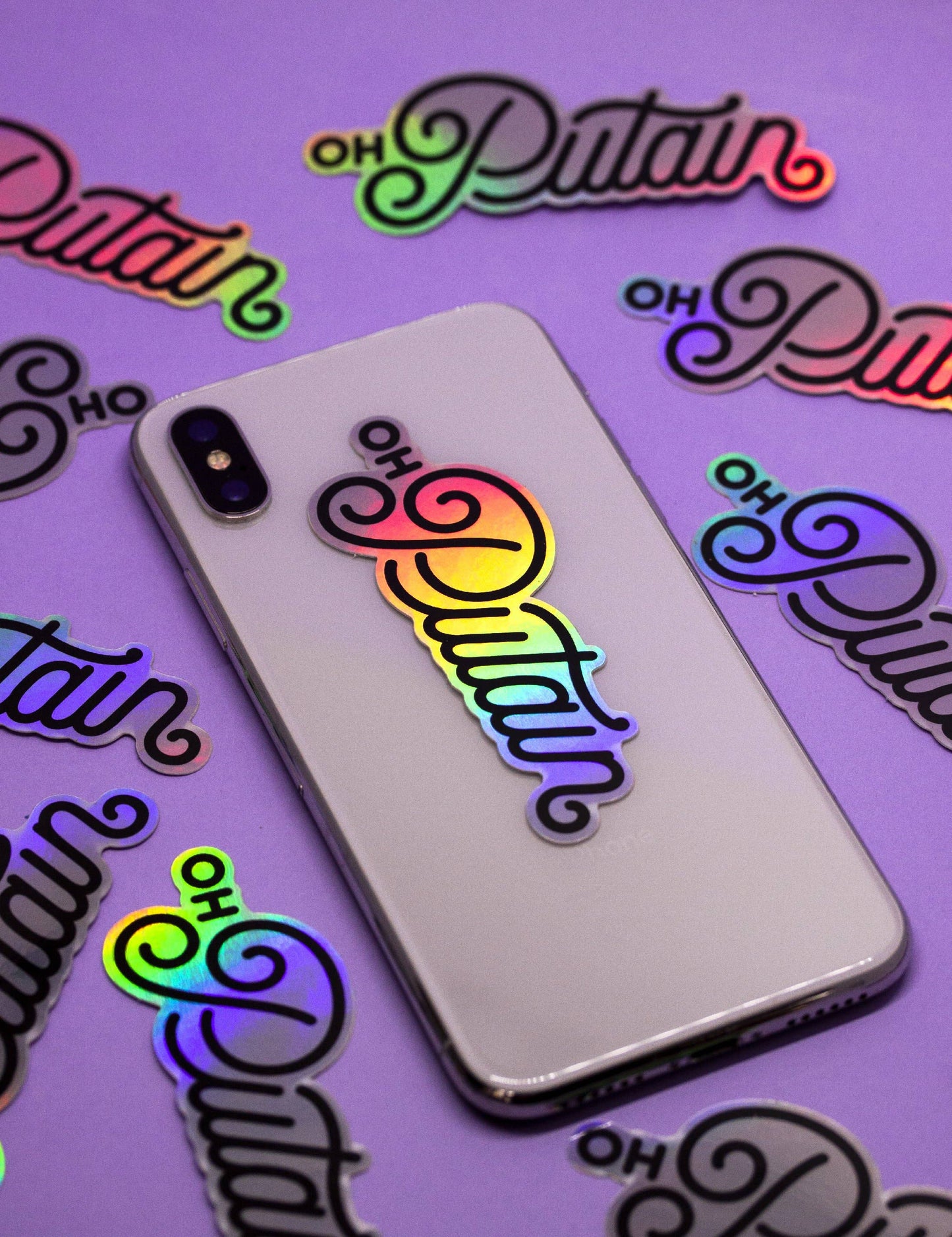 Oh – putain autocollant en vinyle holographique arc-en-ciel avec insulte française | Joanna Behar