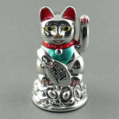 Chat chanceux solaire argenté 11cm