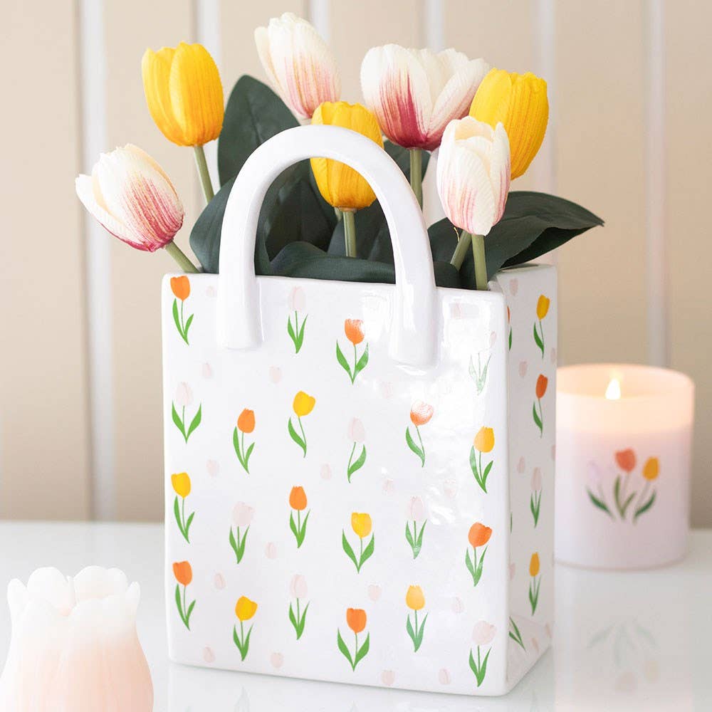 チューリップ模様の陶器製袋型花瓶（春の花用）