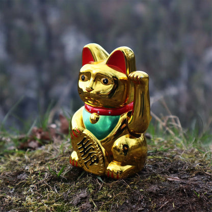 Chat chanceux solaire doré 10,5 cm