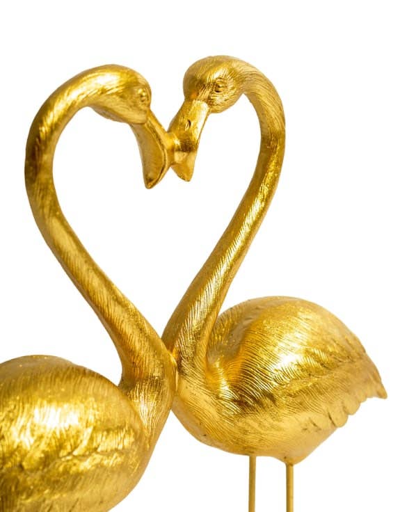 Pareja de flamencos rosas "Corazón de Amor" en oro antiguo