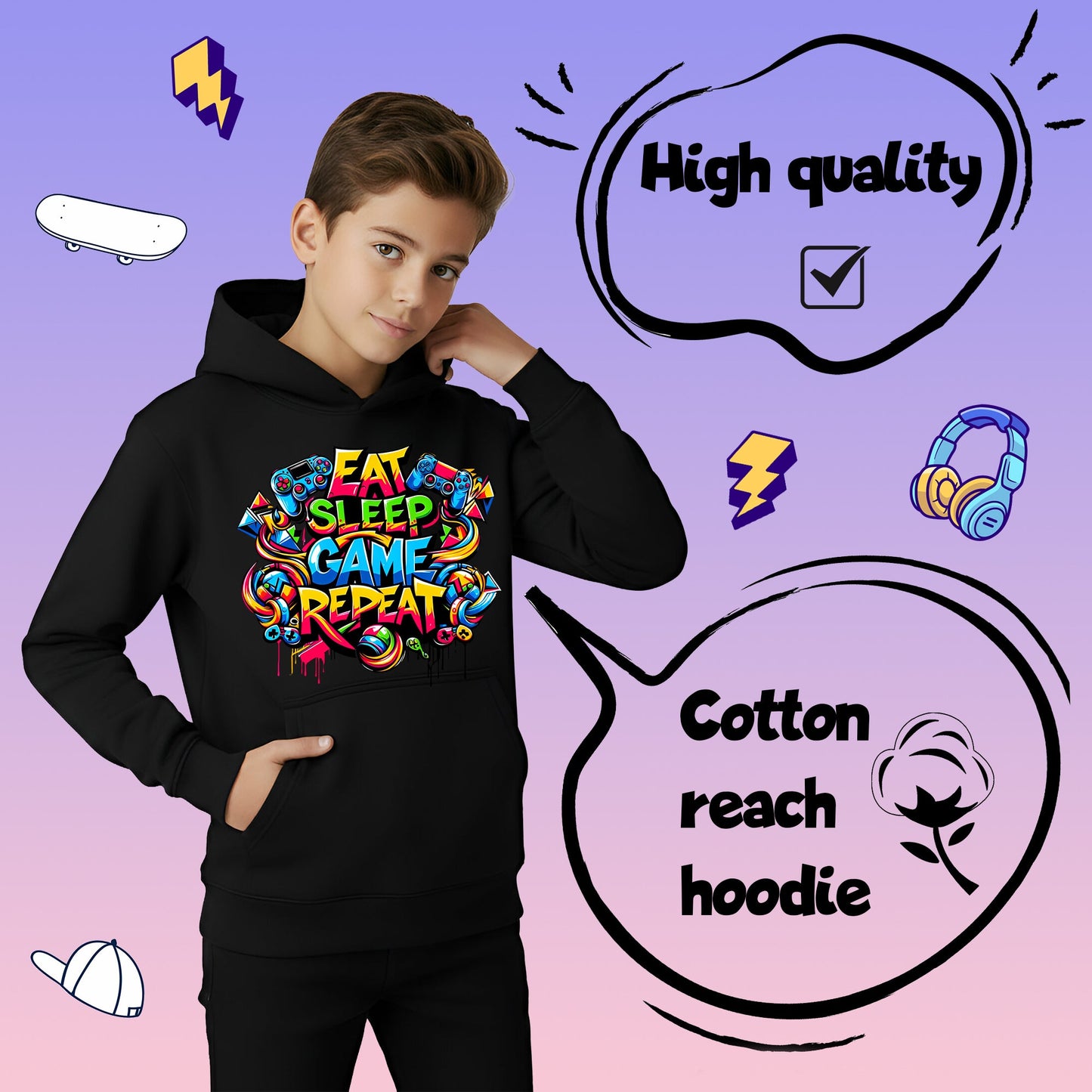Fringoo gamer Sweat à capuche gris garçon Cotton Rich Soft Hooded Sweatshirt- Eat Game noir