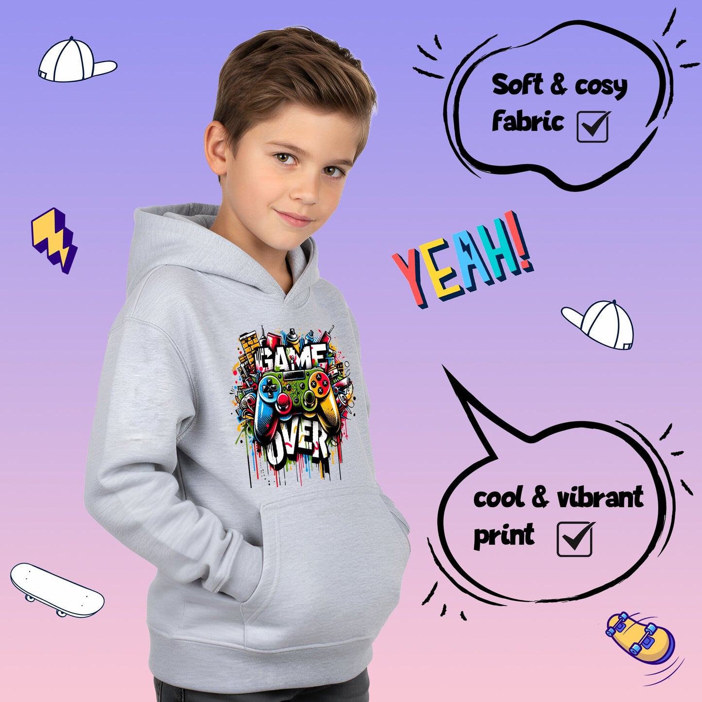 Fringoo gamer Sweat à capuche gris garçon Cotton Rich Soft Hooded Sweatshirt- Game over Graffiti gris