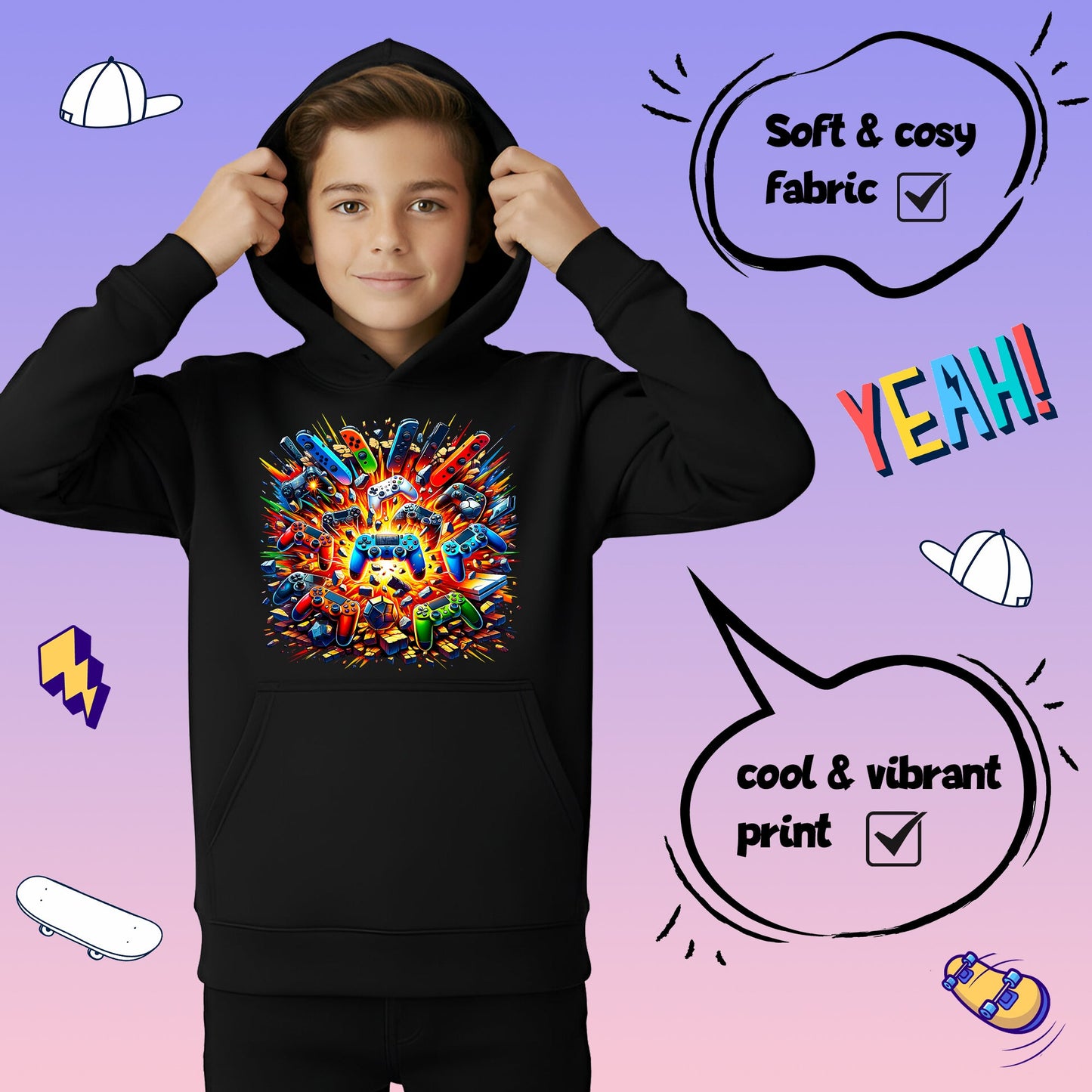 Fringoo gamer Sweat à capuche garçon Cotton Rich Soft Hooded Sweatshirt- Pads Explode noir
