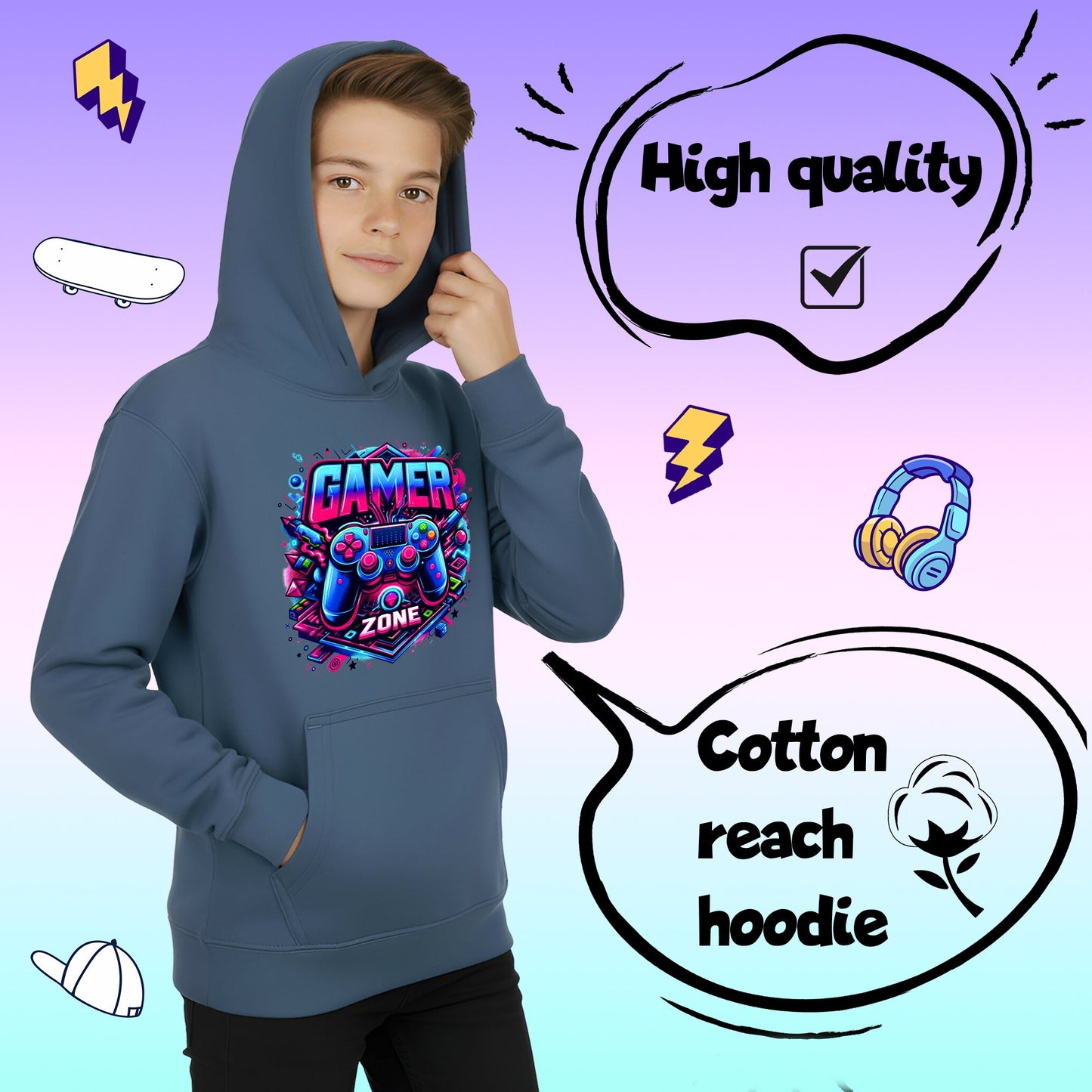 Fringoo gamer Sweat à capuche garçon Cotton Rich Soft Hooded Sweatshirt- gamer Zone bleu