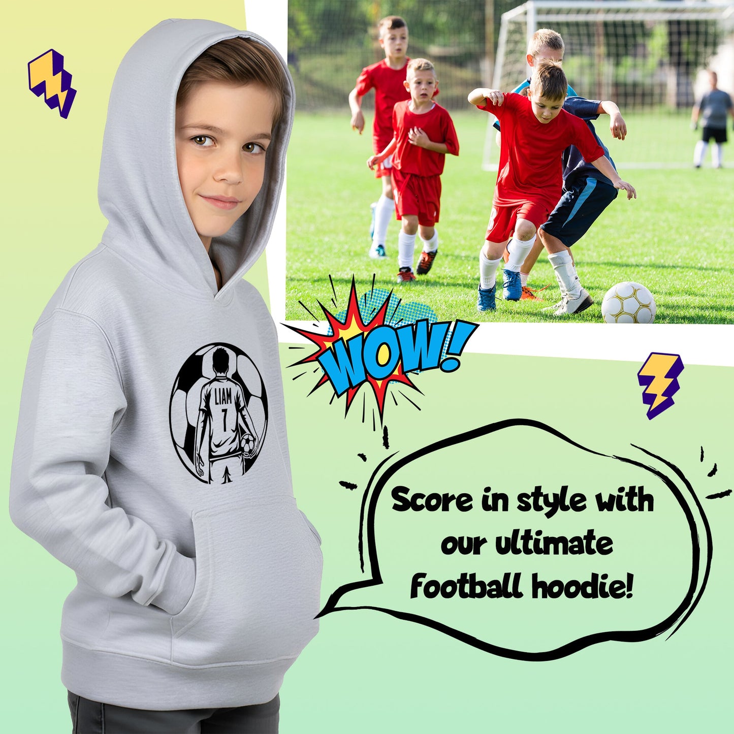 Fringoo football Sweat à capuche gris garçon Cotton Rich Soft Hooded Sweatshirt- football Ball garçon gris