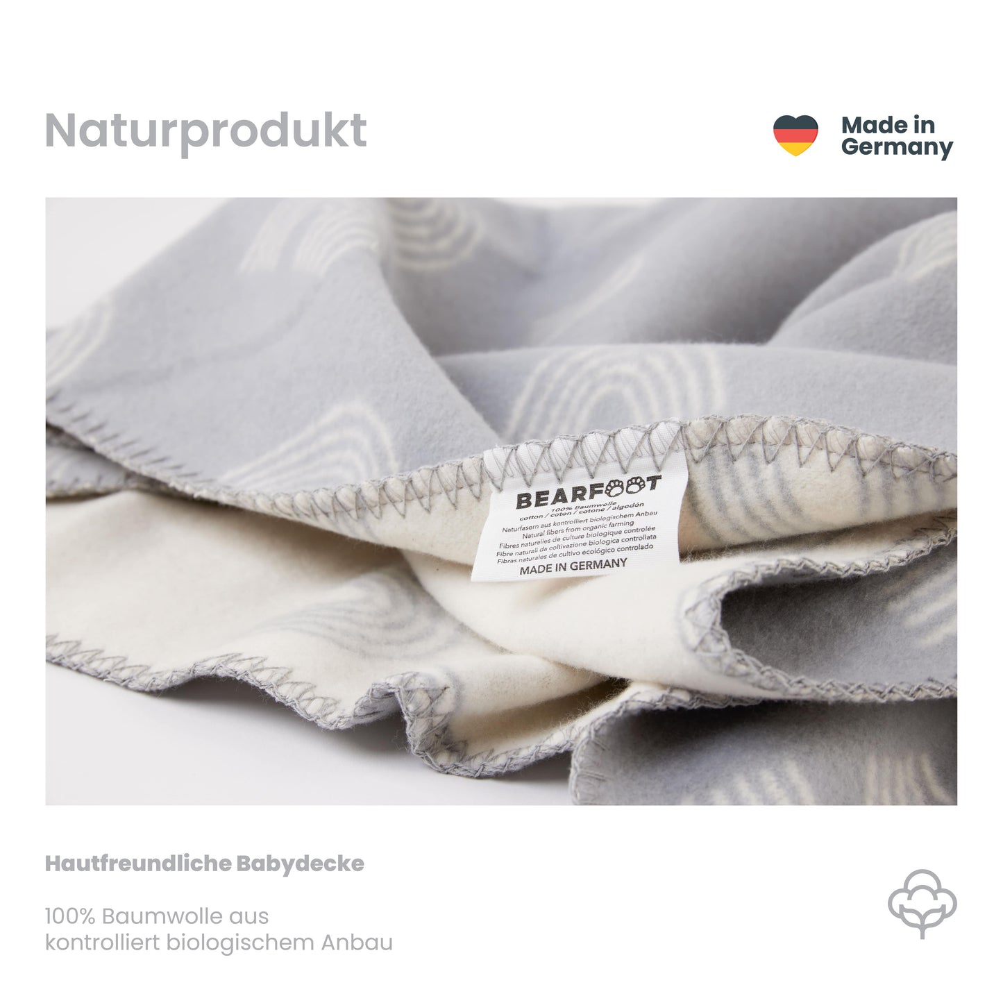Babydecke Bio Baumwolle, Made in Germany, Regenbogen - grau