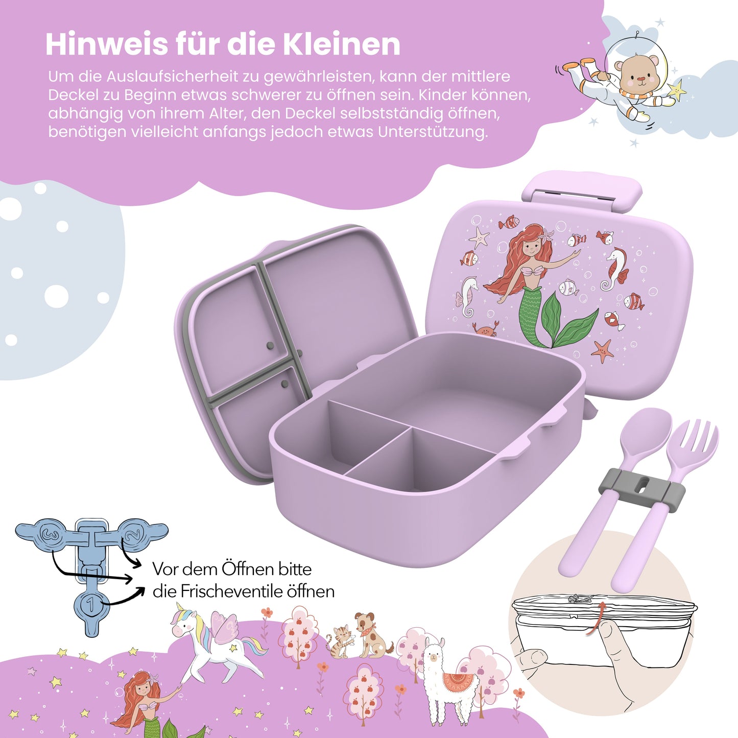 Brotdose Kinder Fächern,leicht & auslaufsicher- Meerjungfrau