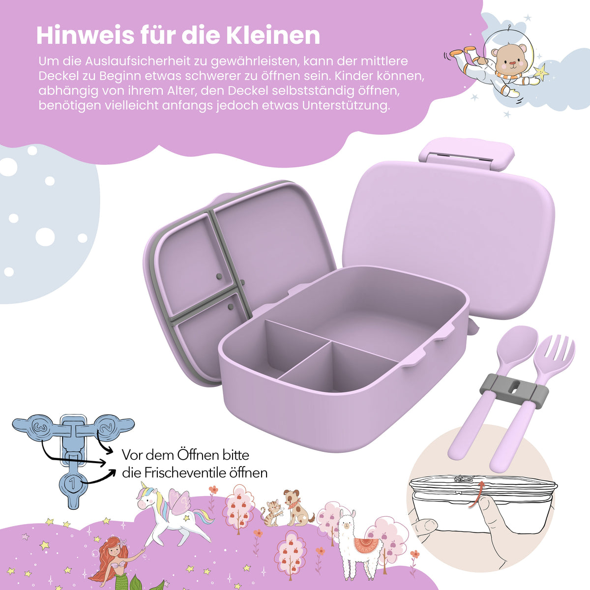 子供用お弁当箱、仕切り付き、軽量、漏れ防止、紫色