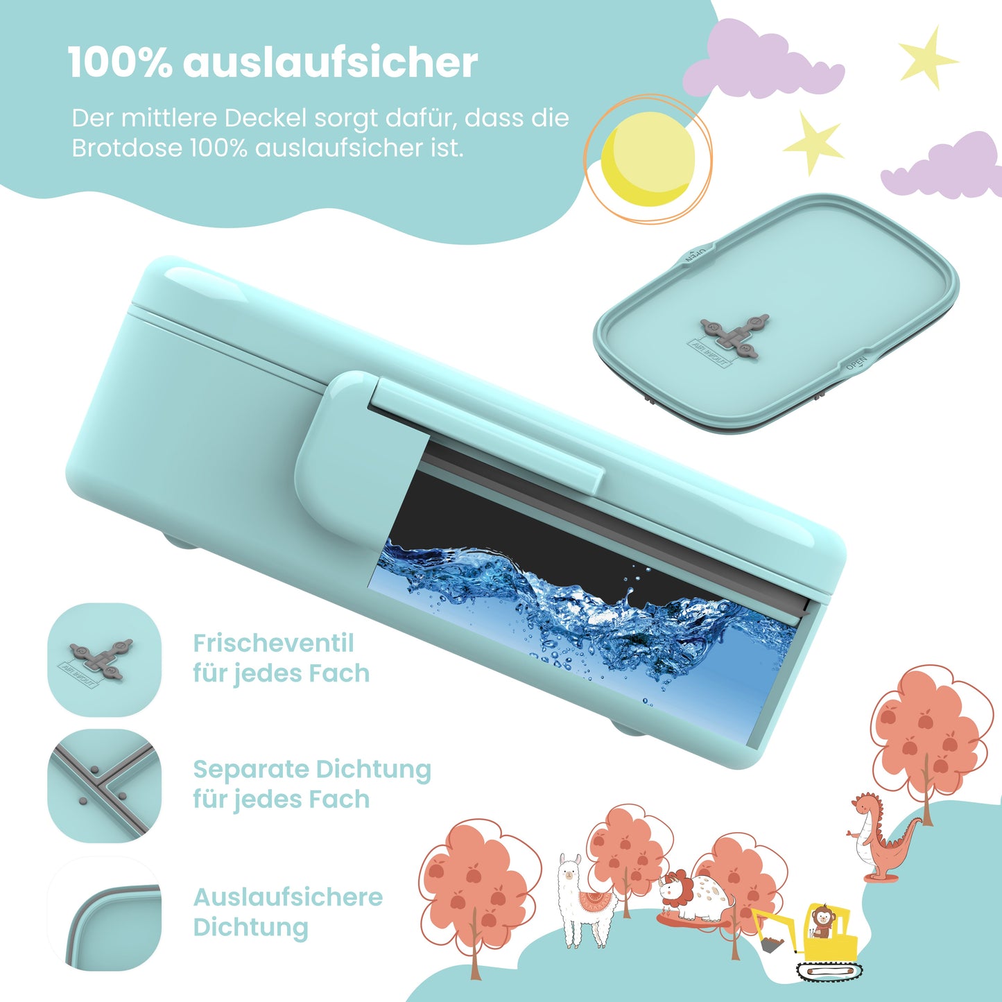 Brotdose Kinder mit Fächern, leicht & auslaufsicher - mint