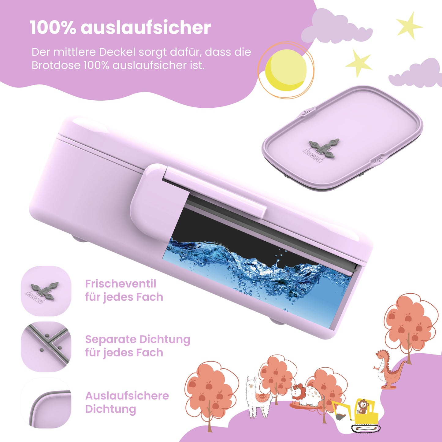Brotdose Kinder mit Fächern, leicht & auslaufsicher - lila